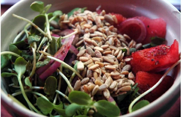 جوانه و سبزیجات در یک کاسه سرامیکی سفید