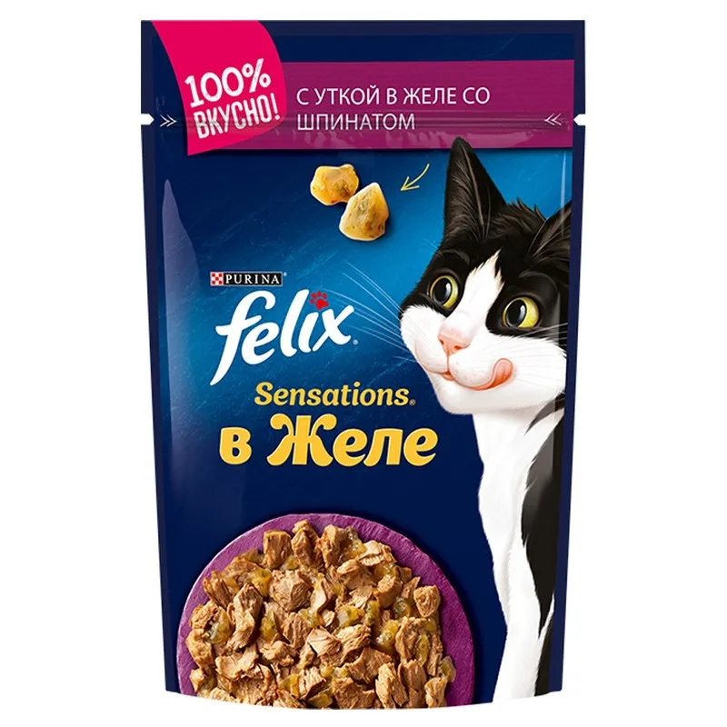 Felix Sensations Spider For Cats Pieces in Jelly With Duck &amp; spinach