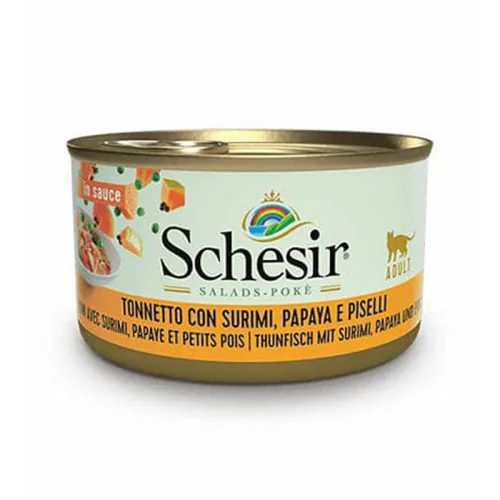 Schesir Canned Adult Wet Cat Food, Tuna, Surimi And Papaya With Peas In Sauce