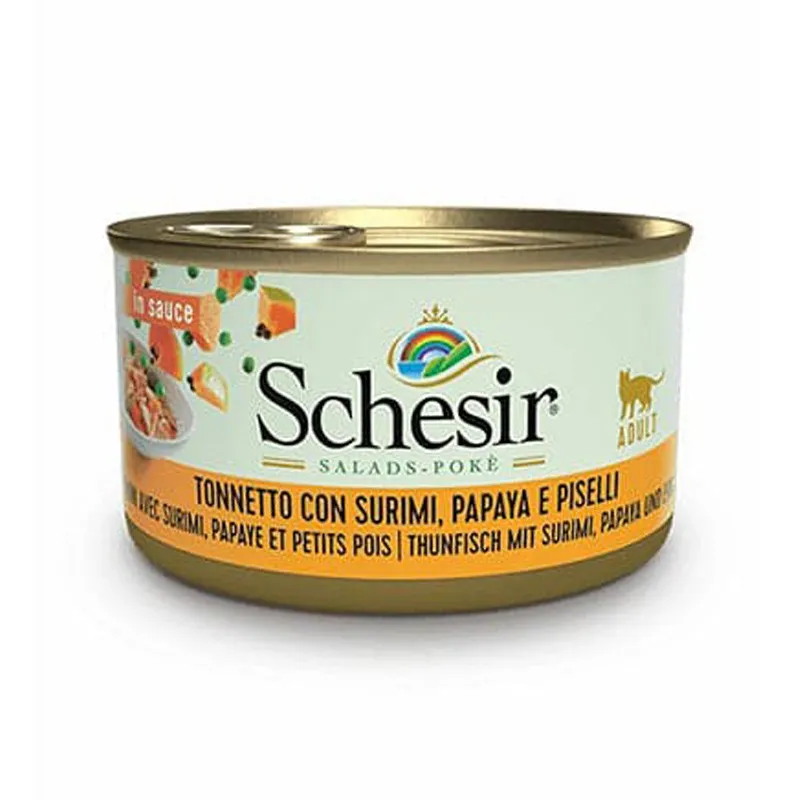Schesir Canned Adult Wet Cat Food, Tuna, Surimi And Papaya With Peas In Sauce