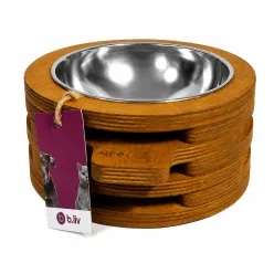 B.Liv Round Wooden Pet Bowl with Stainless Steel Insert