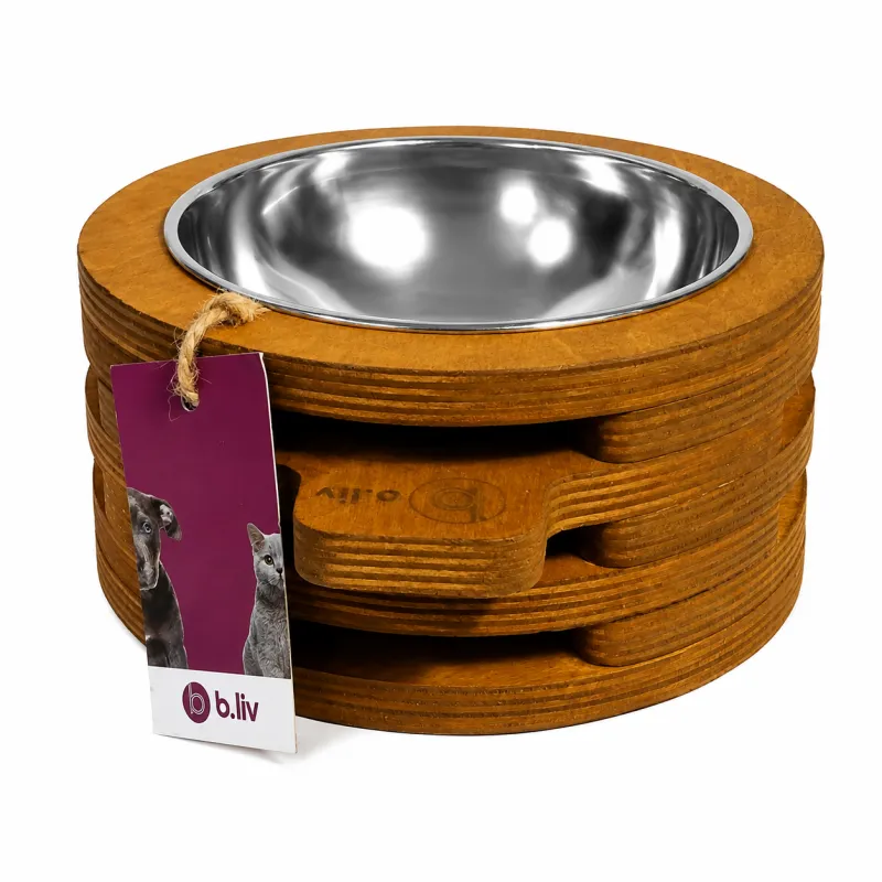 B.Liv Round Wooden Pet Bowl with Stainless Steel Insert
