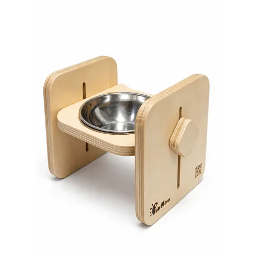 Paw Nova Single Wooden Cat Elevated Bowl Stand with Stainless Steel Insert Cat Face Design