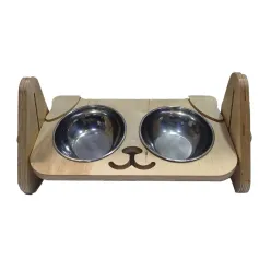 Wooden Elevated Double Dog Bowl Stand with Dog Face Design and Triangular Base