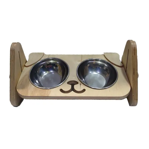 Wooden Elevated Double Dog Bowl Stand with Dog Face Design and Triangular Base