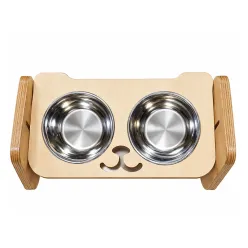Paw Nova Wooden Elevated Double Dog Bowl Stand with Dog Face Design and Square Base