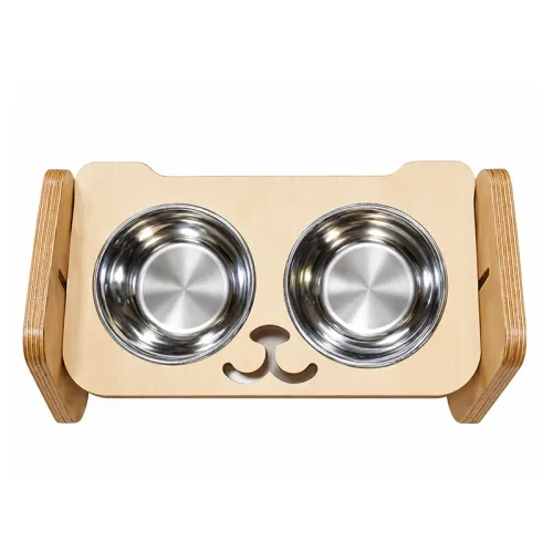 Paw Nova Wooden Elevated Double Dog Bowl Stand with Dog Face Design and Square Base