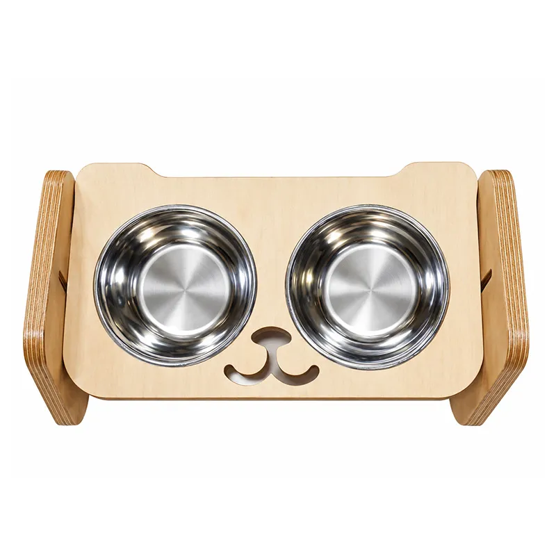 Paw Nova Wooden Elevated Double Dog Bowl Stand with Dog Face Design and Square Base
