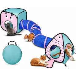 3-in-1 Cat Play Tunnel and Tent Set with Fish Design