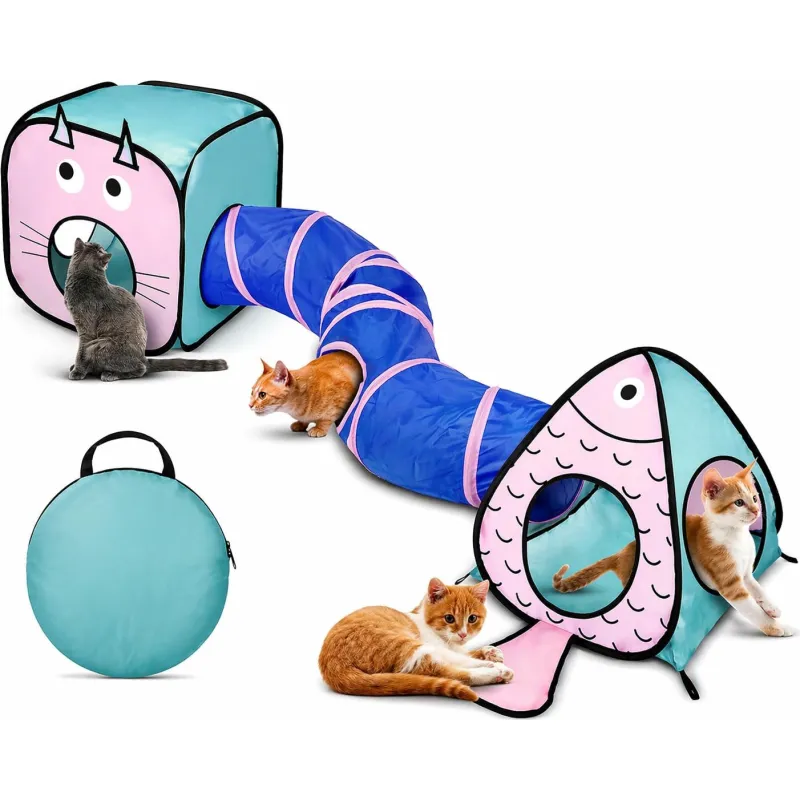 3-in-1 Cat Play Tunnel and Tent Set with Fish Design