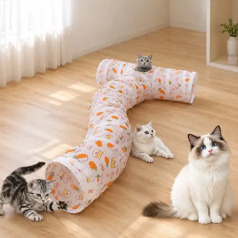 Cat 3-Way Foldable Play Tunnel with Rabbit Carrot Pattern