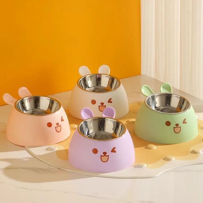Plastic Rabbit Design Pet Bowl with Stainless Steel Insert