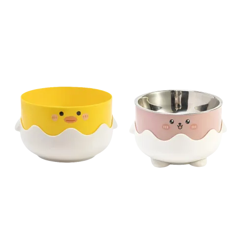 Plastic Chick Design Pet Bowl with Stainless Steel Insert