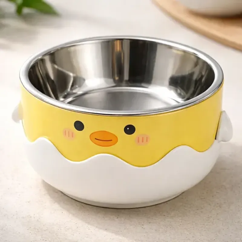 Plastic Chick Design Pet Bowl with Stainless Steel Insert