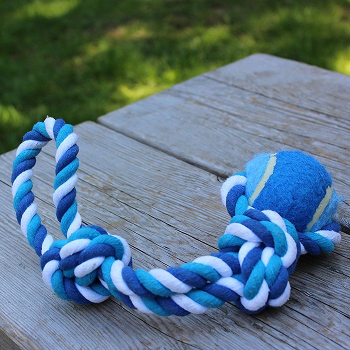 Dog Toy, Blue & White 2 Knot, Cotton Rope with Ball