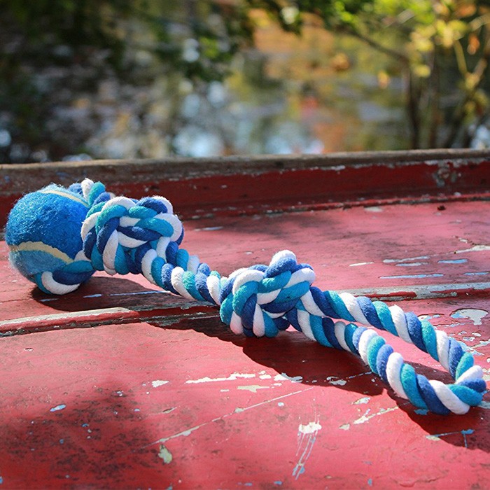 Dog Toy, Blue & White 2 Knot, Cotton Rope with Ball