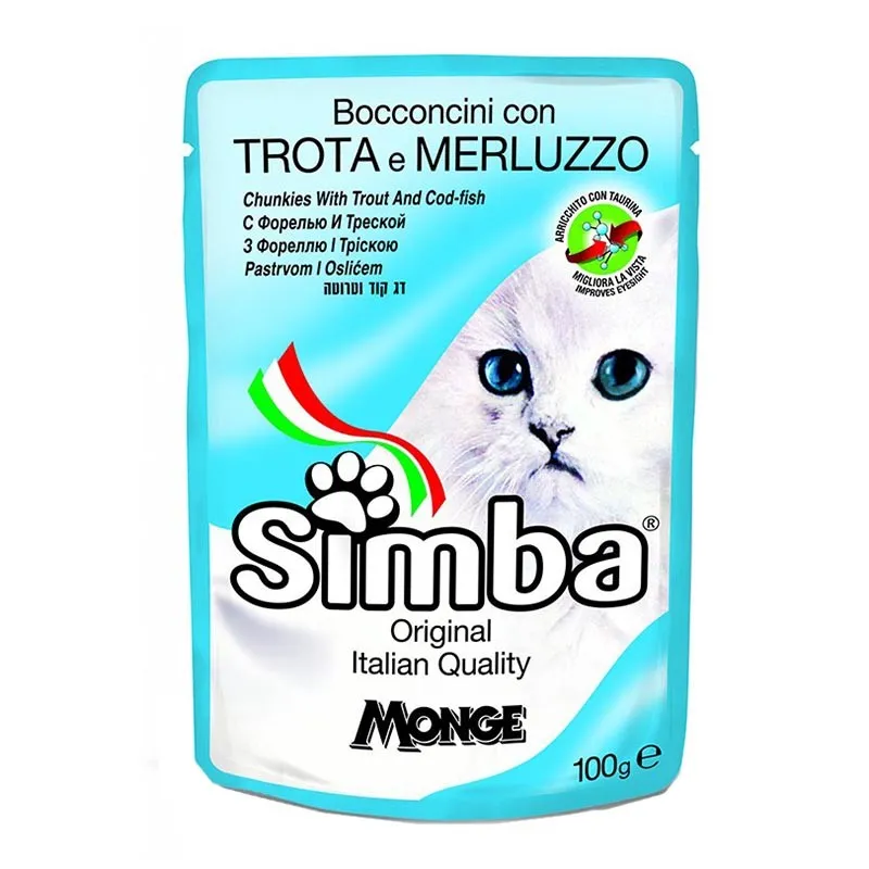 Simba Pouch Adult Wet Cat Food With Trout Fish &amp; Codfish Fish Flavor In Sauce