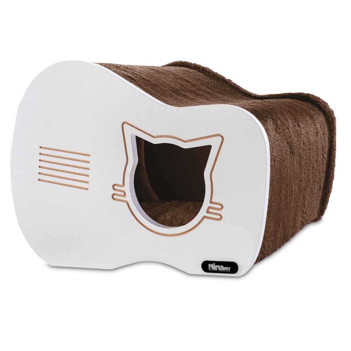 brown guitar shaped wooden cat bed